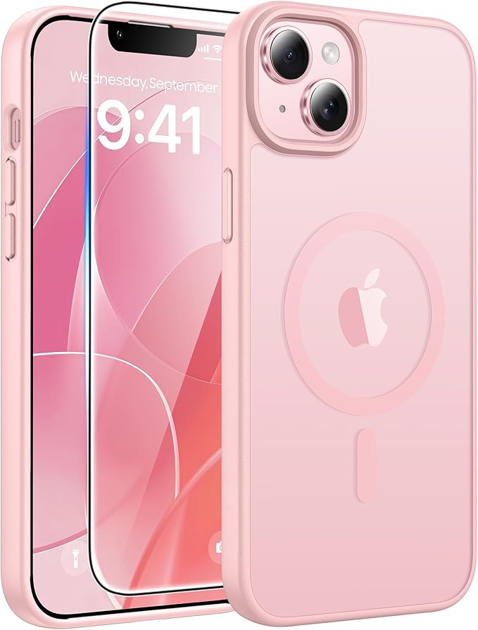 FNTCASE for iPhone 15/14 Plus Case, Fit for Magsafe, Screen Protector | Translucent Matte Magnetic Back, 14FT Military Grade Drop Protection, Shockproof Protective Phone Cover, Light Pink by FNTCASE
