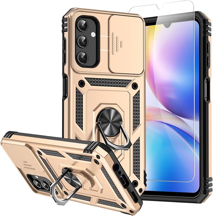 for Samsung Galaxy A14 5G Case with Screen Protector & Camera Lens Cover, [Military Grade] 16FT Drop Tested, Magnetic Kickstand Rugged Shockproof Protective Case for Samsung A14 5G, Gold by SKMY