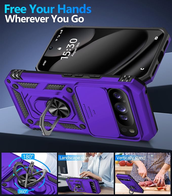 Taisairu for Google Pixel 10 Case/Pixel 10 Pro Case with Screen Protector & Slide Camera Lens Cover,Built-in Ring Stand Protective Phone Case for Pixel 10 Case/Google Pixel 10 Pro Case (Purple) - Image 3