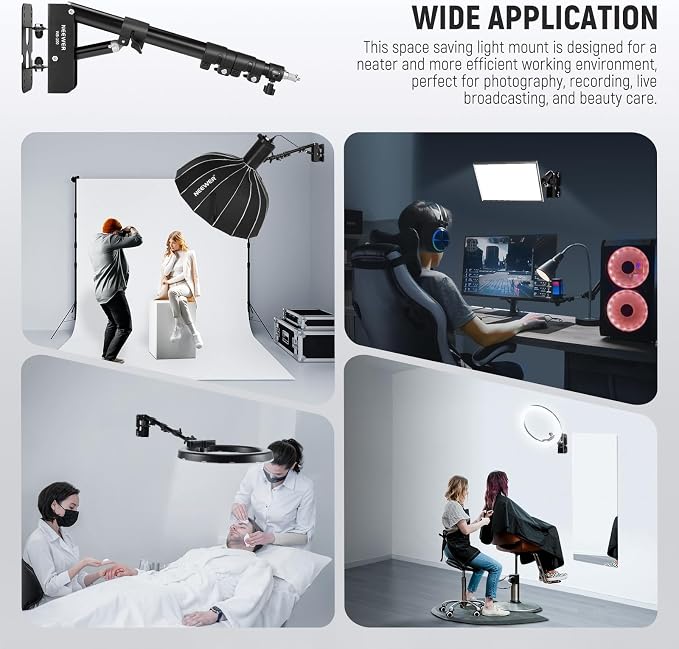 NEEWER Ring Light Wall Mount Boom Arm, 22"-46"/55-116cm, Aluminum Alloy | 180° Swivel, Triangle Light Wall Mounting, for Photography Strobe Monolight Softbox Umbrella Reflector, Max 6.6lb/3kg, WB-100 - Image 3
