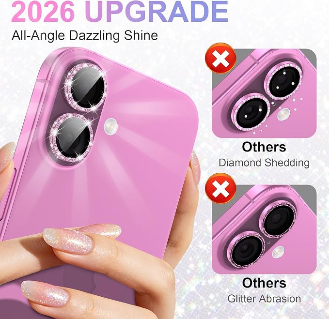 YWXTW [All-Over Glitter Camera Lens Protector for iPhone 17/iPhone 16/iPhone 16 Plus, 9H Tempered Glass Camera Lens Cover, Anti-Scratch Case Friendly(Pink) - Image 2