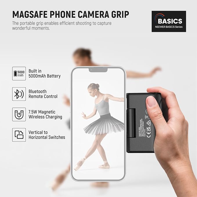 NEEWER Basics Magnetic Phone Camera Grip Handle with Shutter Remote Compatible with MagSafe iPhone ONLY, 18W Magnetic Charging, 5000mAh Rechargeable for Vlog Selfie Tripod Video Recording, WS-25001 - Image 2