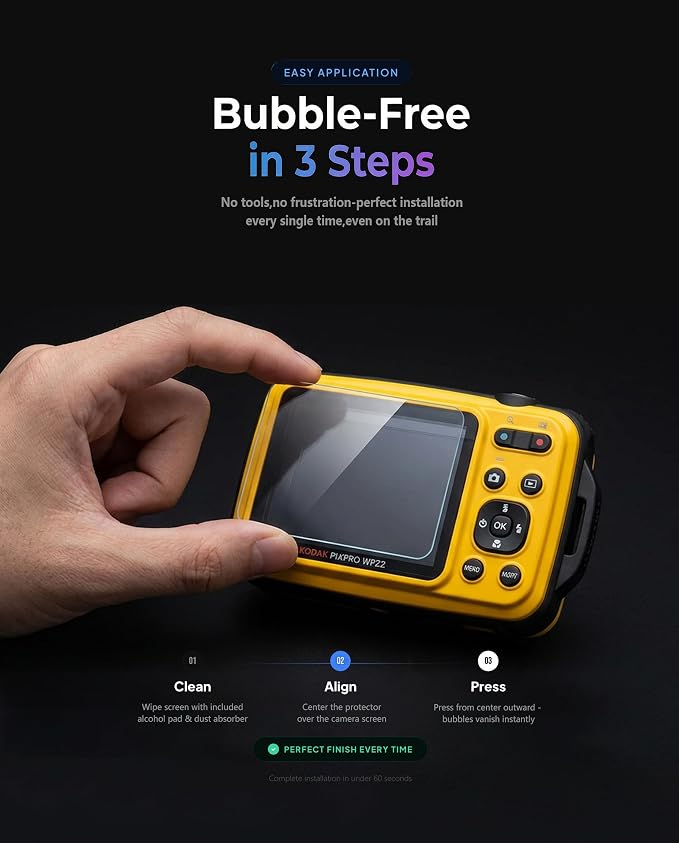 iDaPro Screen Protector for Kodak PIXPRO WPZ2, 9H Tempered Glass | 3-Pack + Hand Lanyard + ABS Box. 9H Hardness, Anti-Scratch, Anti-Bubble, HD Clarity, Anti-Fingerprint, Anti-Glare - Image 6
