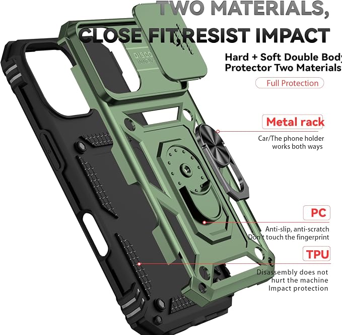 SunStory Phone Case for iPhone 17 Case with HD Screen Protector & Slide Camera Cover & Rotated Ring Kickstand, [Military-Grade] Phone Case for iPhone 17, Army Green - Image 7
