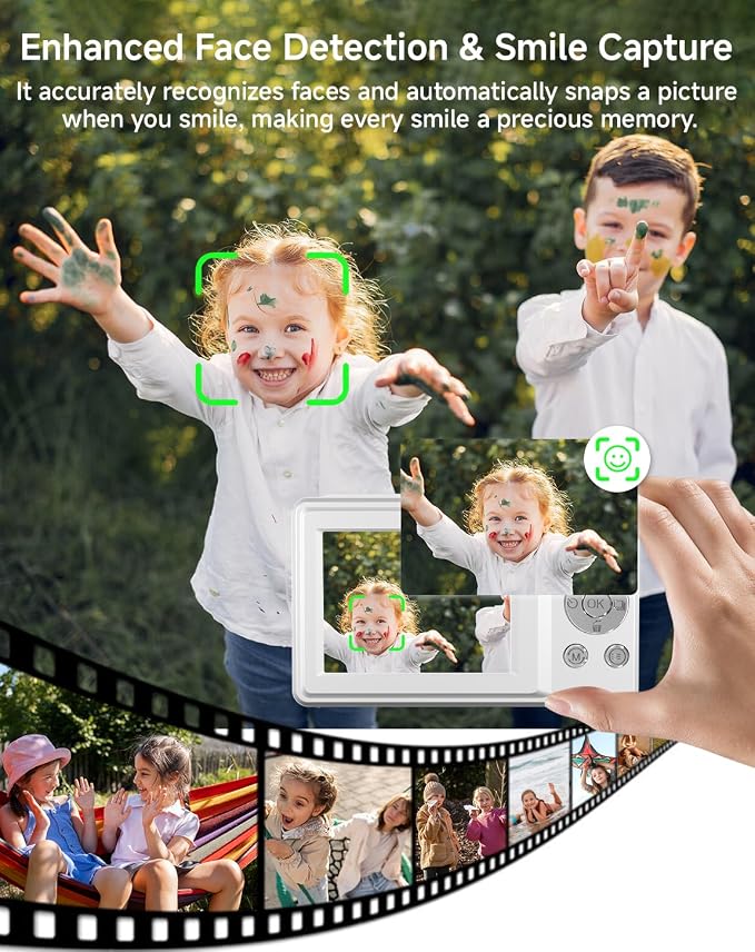 Digital Camera for Kids, FHD 1080P 44MP Point and Shoot Digital Camera with Face Detect, Smile Capture, 16X Zoom, 20 Filters, Anti Shake, 32GB SD Card White Compact Vintage Camera for Kids Boys Girls - Image 5