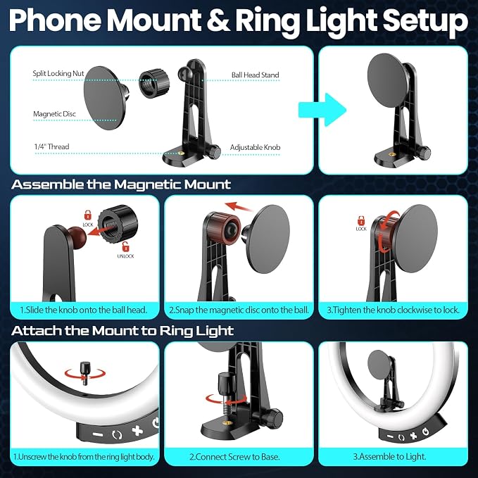UBeesize 12'' LED Ring Light with 62'' Tripod Stand and Magnetic Phone Holder, Selfie Ring Light for Video Recording, Live Streaming, Compatible with iPhone & Android (Black) - Image 3