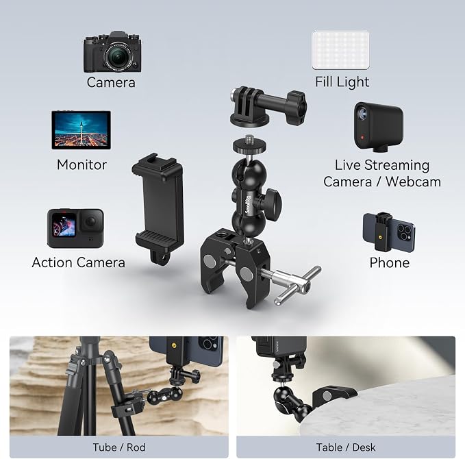SMALLRIG Camera Mount Kit, Ball Head Magic Arm With Clamp, Super Clamp With Non-Slip Threads for GoPro, Webcam, Camera, Phone, Monitor and Light - Image 4