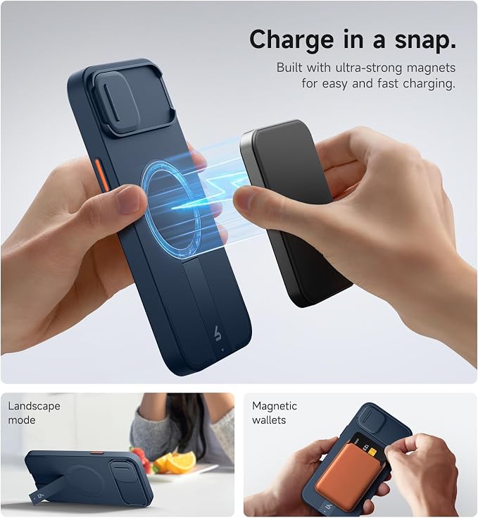 SURITCH for iPhone 14 Plus/15 Plus Case with Magnetic Camera Slide Cover and Adjustable Kickstand, Compatible with MagSafe, Shockproof Bumper Case Slim Protective Cover 6.7 Inch, Blue - Image 3