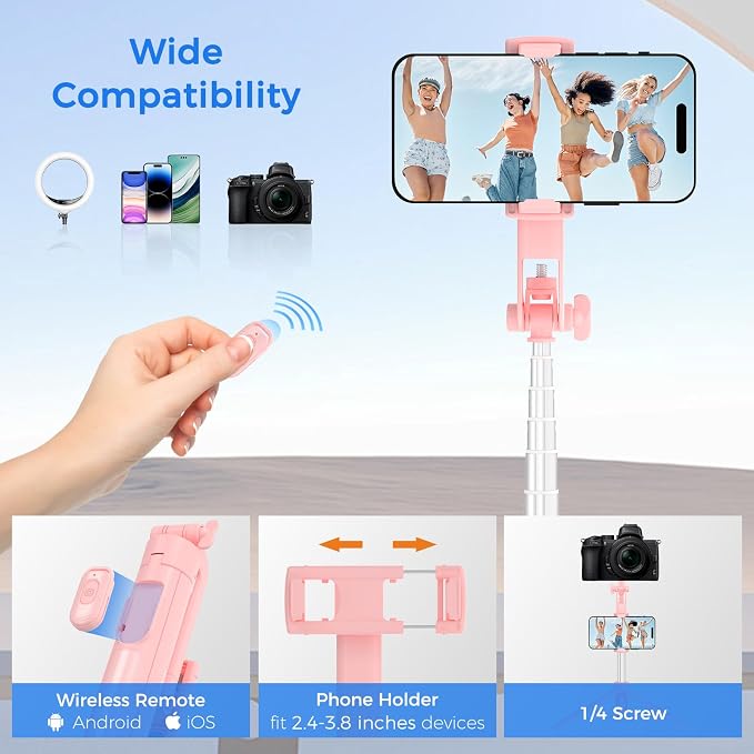 Selfie Stick Tripod for Phone with Remote Control & Holder, 63 Inch, Pink | Extendable Selfie Stick Travel for iPhone, iPhone Tripod for Video Recording - Image 6