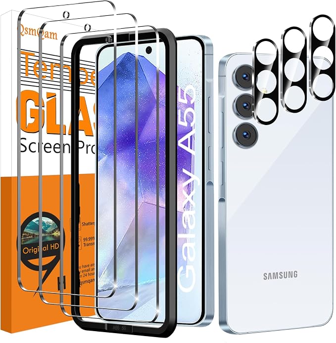 QsmQam 3 Pack Screen Protector for Samsung Galaxy A55 + 3 Pack Camera Lens Protector, Ultra HD Tempered Glass, 9H Hardness, Anti Scratch, Easy Installation - Case Friendly by QsmQam