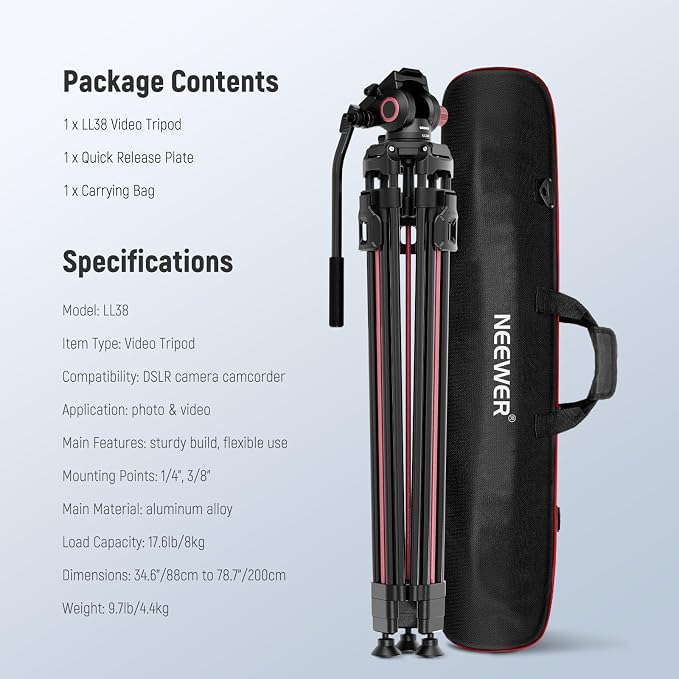 NEEWER 79"/2m Video Camera Tripod with Fluid Head, One Step Quick Release Aluminum Heavy Duty Tripod Stand with QR Plate Compatible with Canon Nikon Sony DSLR Camera Camcorder, Max Load 17.6lb, LL38 - Image 9