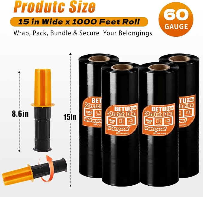 Black Stretch Film Shrink Wrap for Moving Supplies (15inch, 4 Pack) x 1000ft, Industrial Strength Plastic Wrap Stretch Roll for Pallet Wrapping Shipping Moving Boxes Storage Furniture with Handles - Image 2