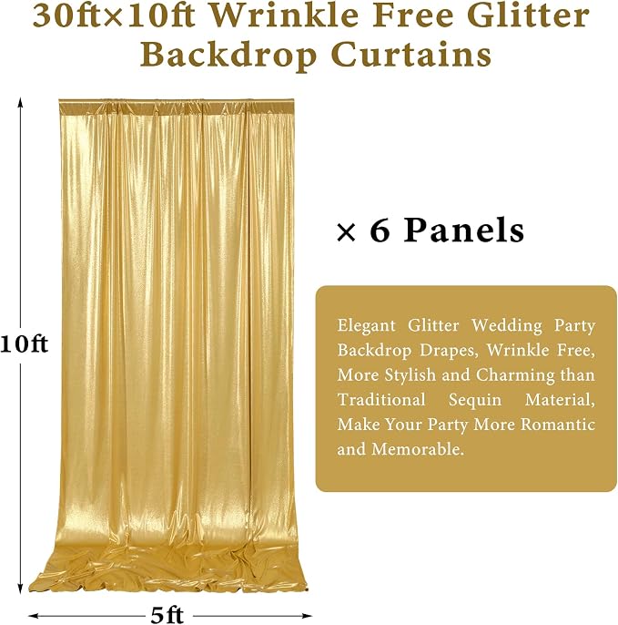Outpain 30x10ft Gold Sequin Backdrop Curtains, Wrinkle Free Glitter Backdrop Drapes for Wedding Parties Photography Stage Decor, Non-Shedding 6 Panels Set (5x10ft Each) - Image 7