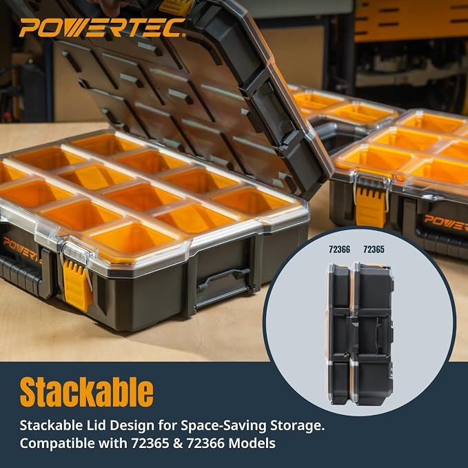 POWERTEC Small Parts Organizer & Tool Box – 10 Compartments, IP65 Water & Dust Protection, Stackable Storage with Interlocking Latch, Removable Tray, Clear Lid, Portable Design (72365) - Image 4