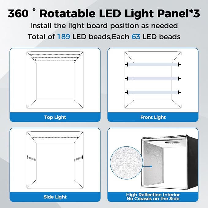 Photo Light Box, Portable 12/16/20/24/32 Inch Photo Studio LightBox, Shooting Tent Kit with 189 Light Beads and 6 Color Backdrops. Lightbox with 3 Stepless Dimming Light Boards for Product Photography - Image 3