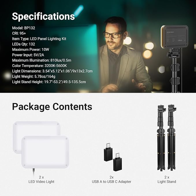 NEEWER Basics 2 Pack LED Video Light Panel Lighting Kit, 6.2" Dimmable Portable Studio Light with 53" Tripod Stand, 3200K-5600K/CRI95+ 810lux for Photography Video Recording Streaming Podcast, BP132 - Image 9