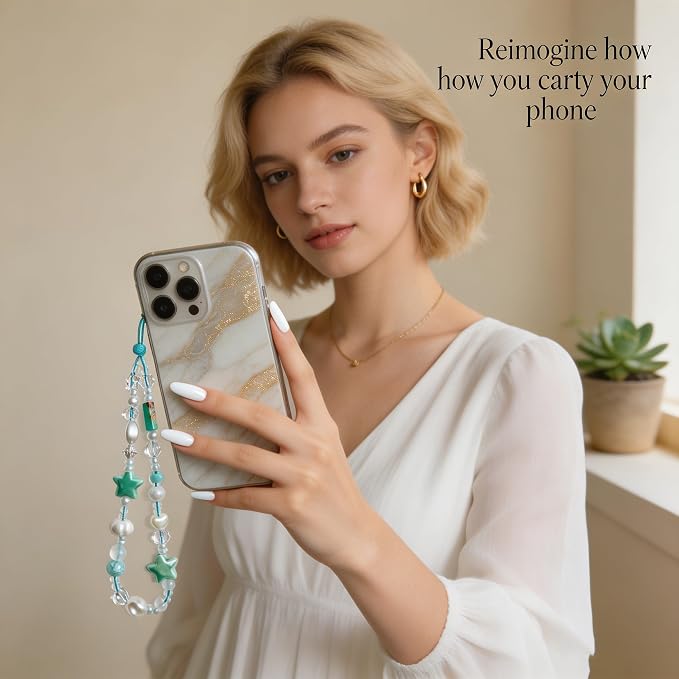 2 Pcs Phone Charm Strap Hand Wrist Strap Camera Lanyard Pearl Beaded Cute Chain String Accessories Universal for iPhone 17 Pro Max 16 15 14 for Samsung Women Girls Keychain Bag Green Flower and Star - Image 7