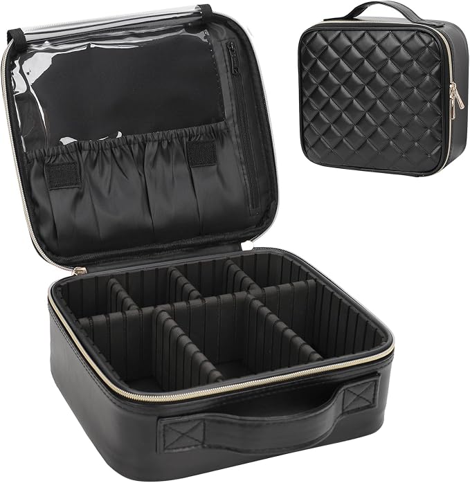 Relavel Makeup Bag, Travel Cosmetic Train Case Organizer Portable Artist Storage Bag with Adjustable Dividers for Cosmetics Makeup Brushes Toiletry Jewelry Digital Accessories Quilted Leather Black by Relavel