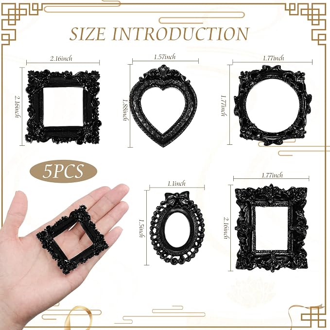 Vicenpal 40 Pcs Black Mini Vintage Picture Frames Bulk | Small Vintage Photo Frames, Antique, Resin, Baroque, Ornate, Cute Wallet Size, for DIY Jewelry Gifts Christmas Wedding Decor - Image 3