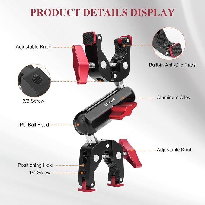 Super Clamp Double Camera Clamp,Dual Clip Mount with Magic Socket Arm - 3/8" & 1/4" Screw, Heavy-Duty Clamps for Desk & Cross Bars& Tripod & Handlebar,All Metal -Max Load Capacity 8.8LB,JC010 - Image 7