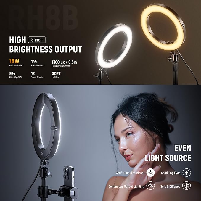 NEEWER 8" 18W High Power Desk Ring Light with Stand & Phone Holder, Circle Selfie Ringlight for iPhone Streaming Vlogging Recording, Video Conference Lighting Kit for Laptop Computer Zoom Call, RH8B - Image 3
