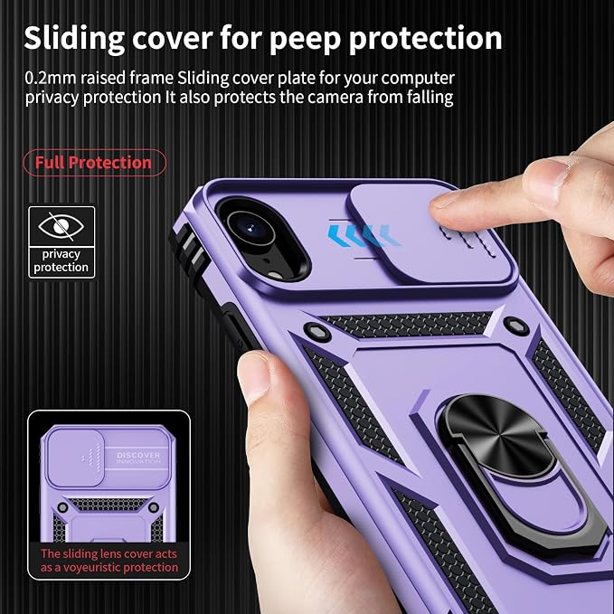 for iPhone XR Case with Camera Lens Cover, HD Screen Protector, 10 FT Military Grade Drop Protection, Magnetic Ring Holder Kickstand Protective Phone Case, Lavender - Image 3