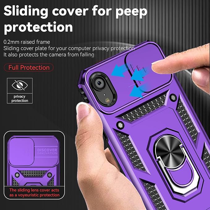 HNHYGETE for iPhone XR Phone Case with HD Screen Protector: [Military Grade 20ft. Drop Tested] Slide Camera Cover Ring Shockproof Protective Phone Case for - iPhone XR (Purple) - Image 3