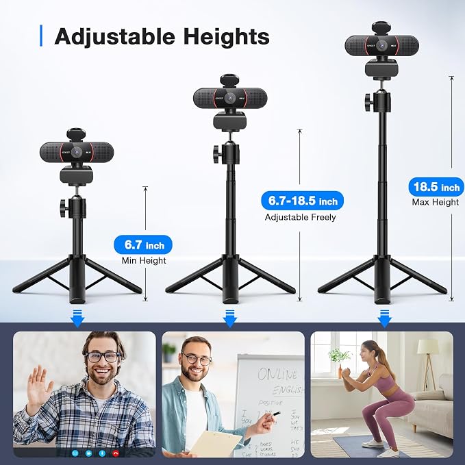 EMEET C960 4K Webcam with Tripod, 3 Adjustable Height, 360° Swivel Head | DesktopTripod w/Privacy Cover, PDAF Auto Focus, Dual Omni Mics, Auto Light Correction, Perfect for Online Meetings - Image 2
