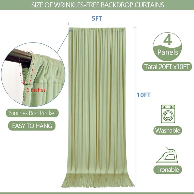 ESGOTBME 20x10ft Wrinkle Free Sage Green Backdrop Curtain for Parties Soft Fabric Drapes Wedding Curtain Backdrop for Birthday Party Decorations Background for Photography 5x10ft, 4 Panels - Image 4