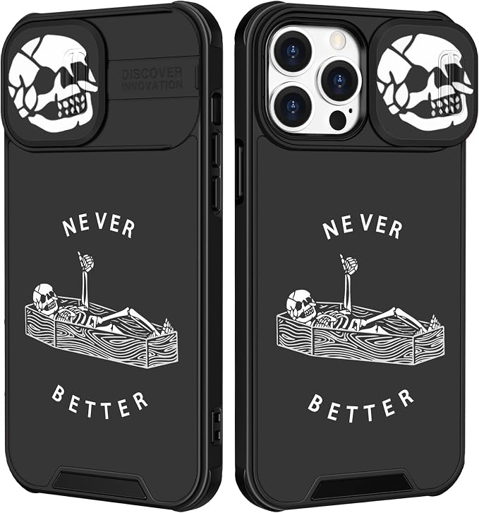 (2in1 for iPhone 15 Pro Case Skull Skeleton Women Boys Goth Phone Cover Cute Fun Gothic Black Spooky Cool Design with Slide Camera Cover Protective Stand Holder for iPhone 15 Pro Cases 6.1'' by Goocrux