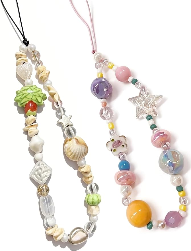 2 Pcs Phone Charm Strap Hand for iPhone Wrist Strap Camera Lanyard Pearl Beaded Cute Chain String Accessories Universal for iPhone 17 16 Pro 15 Samsung Women Girls Keychain Colored Beads and Shells by Casecond