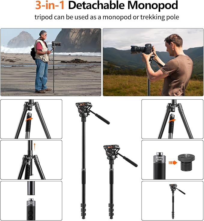 Fluid Head Tripod for DSLR Camcorder,Camera Monopod Tripod 360° Pan&+90°/-70° Tilt,New Q6 Fluid Head Aluminum Alloy QR Plate Compatible with DJI RS Gimbal Manfrotto Max Load 17.6lb (KX3939Plus - Image 7