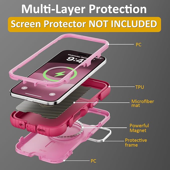 Follaroma Magnetic for iPhone 17 Case with Camera Cover Stand, Pink, 6.3" | Built-in Glass Camera Cover Stand,Compatible with MagSafe,Heavy Duty Shockproof Protective,Military-Grade Anti-DropDual Case - Image 6