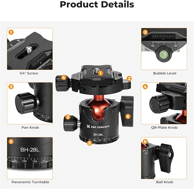 K&F CONCEPT Professional 28mm Metal Tripod Ball Head 360 Degree Rotating Panoramic with 1/4 inch Quick Release Plate Bubble Level for Tripod Monopod Slider Camera Camcorder up to 22 pounds - Image 3