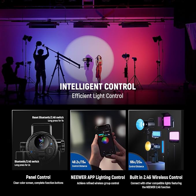 NEEWER CB 300C RGB LED Video Light with Reflector, 300W, APP/2.4G Control, 17 Scenes 29600Lux/1m 2500-7500K CRI97+/TLCI97+ Full Color Bowens COB Continuous Output Lighting Dimmable for Studio Filming - Image 7