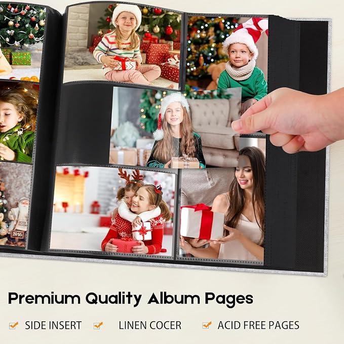 Aevdor Large Capacity 4x6 Photo Album, 1000 Photos, Linen Cover, Grey | Black Inner Pages, 3 Horizontal and 2 Vertical Pockets per Side, Front Photo Window, Family, Wedding & Travel Memories - Image 4