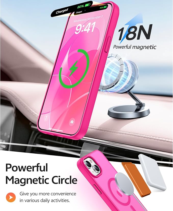 FNTCASE for iPhone 15/14 Plus Case, Fit for Magsafe, Screen Protector | Translucent Matte Magnetic Back, 14FT Military Grade Drop Protection, Shockproof Protective Phone Cover, Hot Pink - Image 3