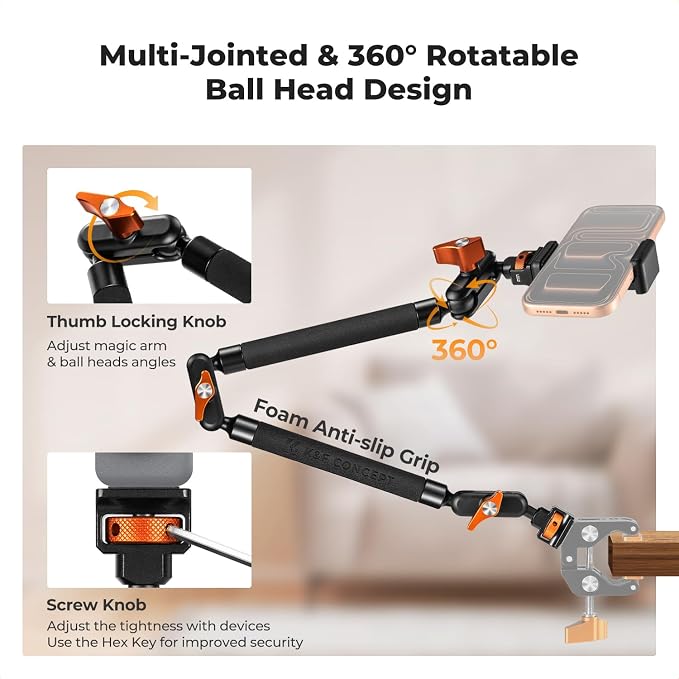 K&F CONCEPT 22" Magic Arm, Overhead Desk Camera Arm Mount, Long Articulating Friction Boom Arm for Phone, Action Camera, LED Light, Microphone - Image 4