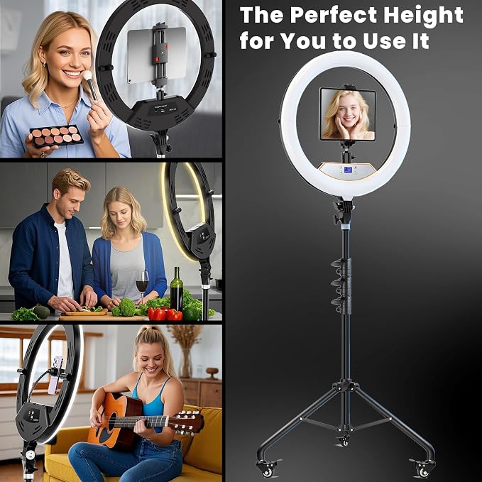 18" Foldable Ring Light with Stand for iPhone ipad Camera, 75" Tripod with Wheels 38W 6500K LED Display/Remote/2 USB Ports Large Big Ringlight Rolling for YouTube Facebook TikTok Live Video Recording - Image 3
