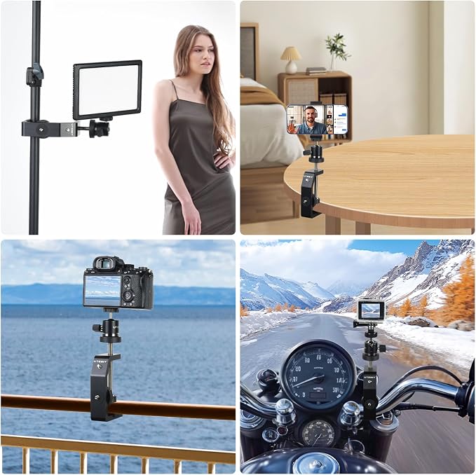 UTEBIT Super Clamp Mount with Mini Ball Head Mount, Black (90mm) | 1/4" Screw Hot Shoe Mount Adapter Camera Clamp Mount for Desk, Bicycle Gopro Clamp Mount Compatible for DJI Action 2/Insta360 - Image 6