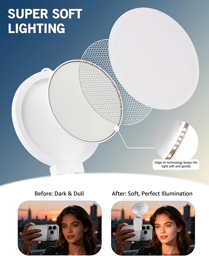 NiceVeedi 3 Color Soft Selfie Light Phone Light with Clip, Portable Edge-lit Ring Light, Rechargeable Video Conference Lighting for iPhone/Selfies/Makeup/Live Streaming/TikTok/Vlog/Zoom/Video Calls - Image 2