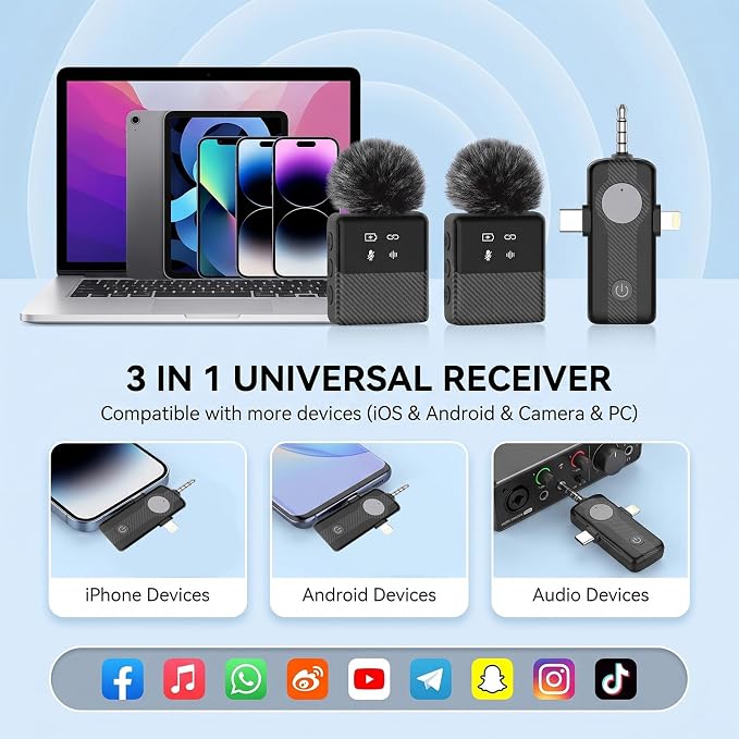 DORNLAT Wireless Lavalier Microphone, 3 in 1 Plug Play Lapel Mic for iPhone/Android/Camera, Noise Cancelling, Mini Compact Lavalier Mic for Vlog, YouTube, TikTok, Live Streaming, Record Interview - Image 5
