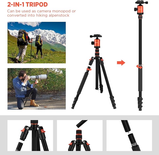 77’’ Tripod, Camera Tripod for DSLR, Compact Aluminum Tripod with 360 Degree Ball Head and 8kgs Load for Travel and Work - Image 6