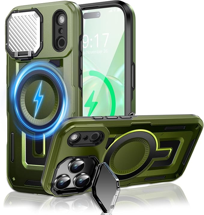 Camera Stand Case for iPhone 17 Pro, [Compatible with MagSafe] [Lens Cover] 2025 Version Military Grade Protective Soft Case for iPhone 17 Pro 6.3 inch Men Women, Green by WASTROYAL