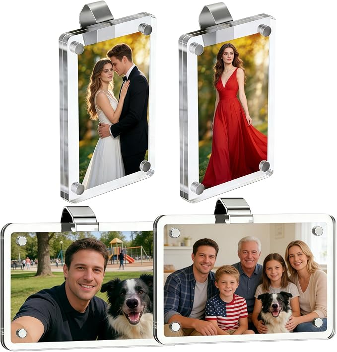 4 Pack Car Picture Holder, Clear Acrylic Magnetic Car Visor Photo Clip | Clear Anti-yellow Acrylic, Strong Magnets & Stable Metal Clip; Horizontal/Vertical Display, Personalized Car Picture Frame by SESAISHEIR