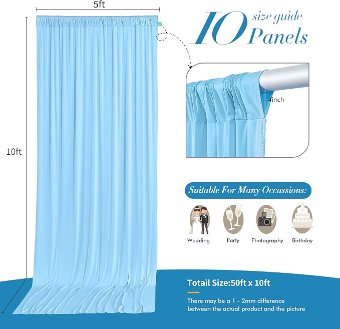 50 ft x 10 ft Wrinkle Free Blue Backdrop Curtain Panels, Polyester Photography Backdrop Drapes, Wedding Party Home Decoration Supplies - Image 4