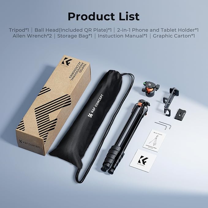 K&F CONCEPT 73" Aluminum Travel Tripod for Camera/Phone | Compact Lightweight 2.9lb, Arca Ball Head, 22lb Max Load for DSLR/Mirrorless/iPhone Video, A305A3+BH-40 - Image 8