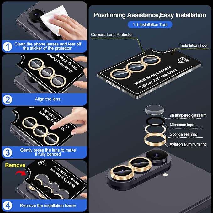 for Samsung Galaxy Z Fold 8 Ultra Camera Lens Protector, Individual Metal Ring Tempered Glass Lens Cover, [Strong Adsorption] Scratch Resistant Ultra-Thin HD Clear Lens Cover, 1 Set-Gold - Image 7