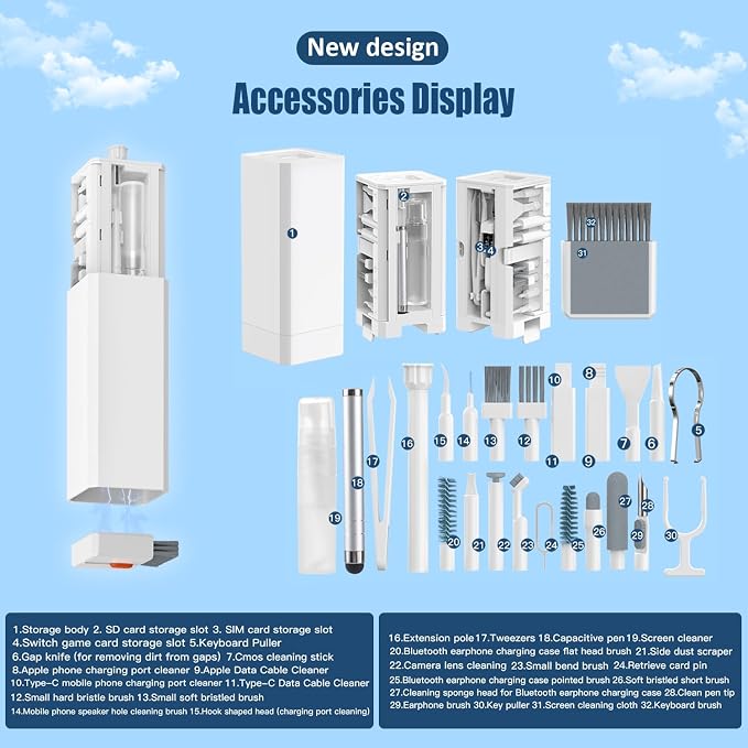 Keyboard Cleaning Kit Laptop Cleaner,Computer Screen Cleaning Brush Tool | 32-in-1 Multi Function PC Electronic Cleaner Kit for iPad iPhone Pro,Earbuds,Camera Monitor-White - Image 5