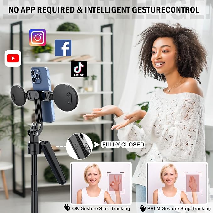70" Auto Face Tracking Tripod for iPhone,360 Rotation Travel Selfie Stick Stand,Face Tracking Phone Tripod with Light and Remote,Applied to Tiktok YouTube Vlog Video Recording - Image 2